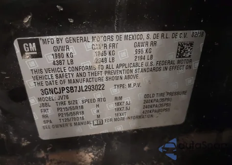 2018 Chevrolet Trax Lt из США, поврежденный, VIN 3GNCJPSB7JL293022